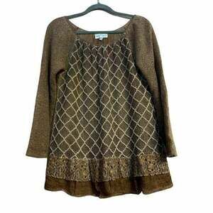 Belle France Brown Boho Lattice Knit Long Sleeve Tunic Sweater Top Size M